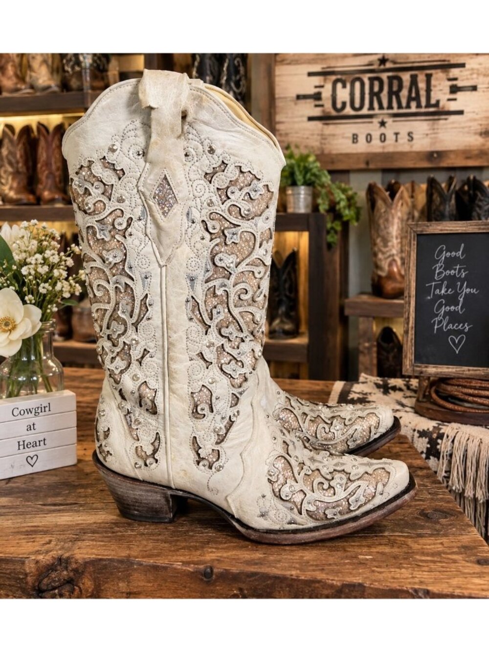CORRAL Women's Glitter Inlay and Crystals Ivory Boots (A3322-LD) Size 9